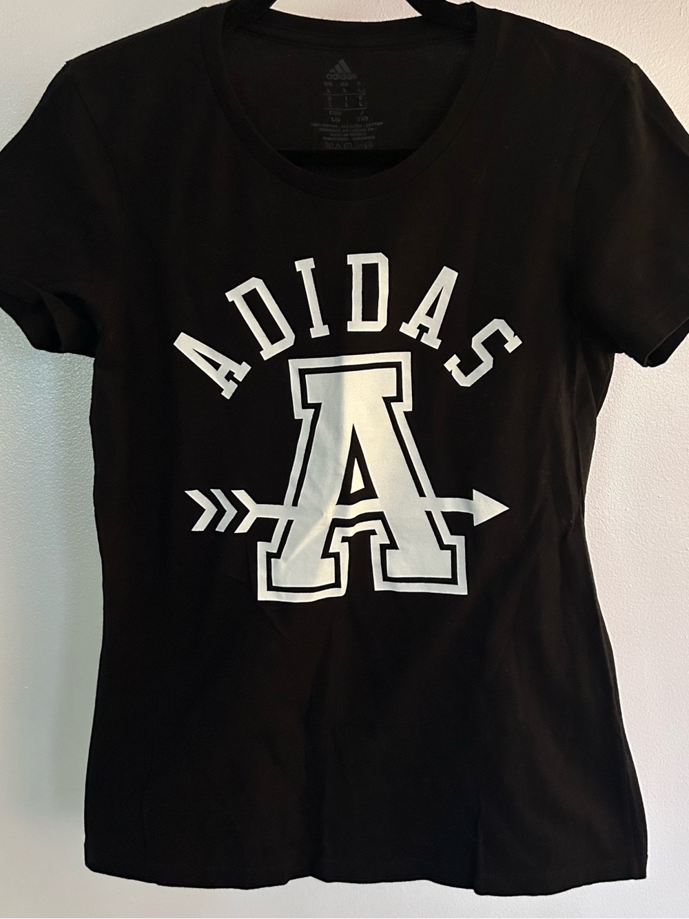 Adidas Black Tee with White Varsity 'A' and Arrow Graphic